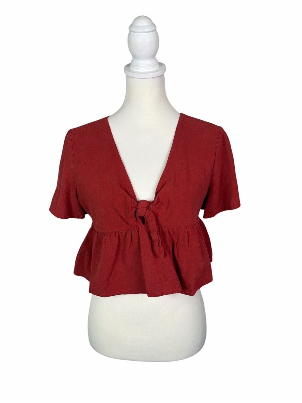 ROMWE Rust Red Tie Front Peplum Crop Top Size Small Boho Festival Hippie